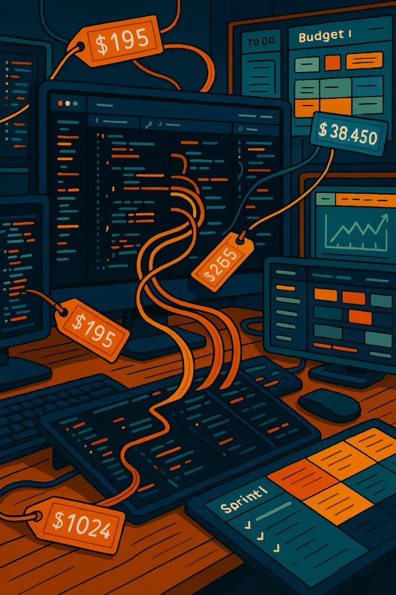 A stylized digital illustration of a cluttered programming workspace with multiple monitors displaying code, dashboards, and charts. Bright orange price tags labeled with different dollar amounts hang from cables connected to the devices. The scene includes tablets, keyboards, and screens showing tasks, budgets, and graphs, all in a dark blue, teal, and orange color palette.