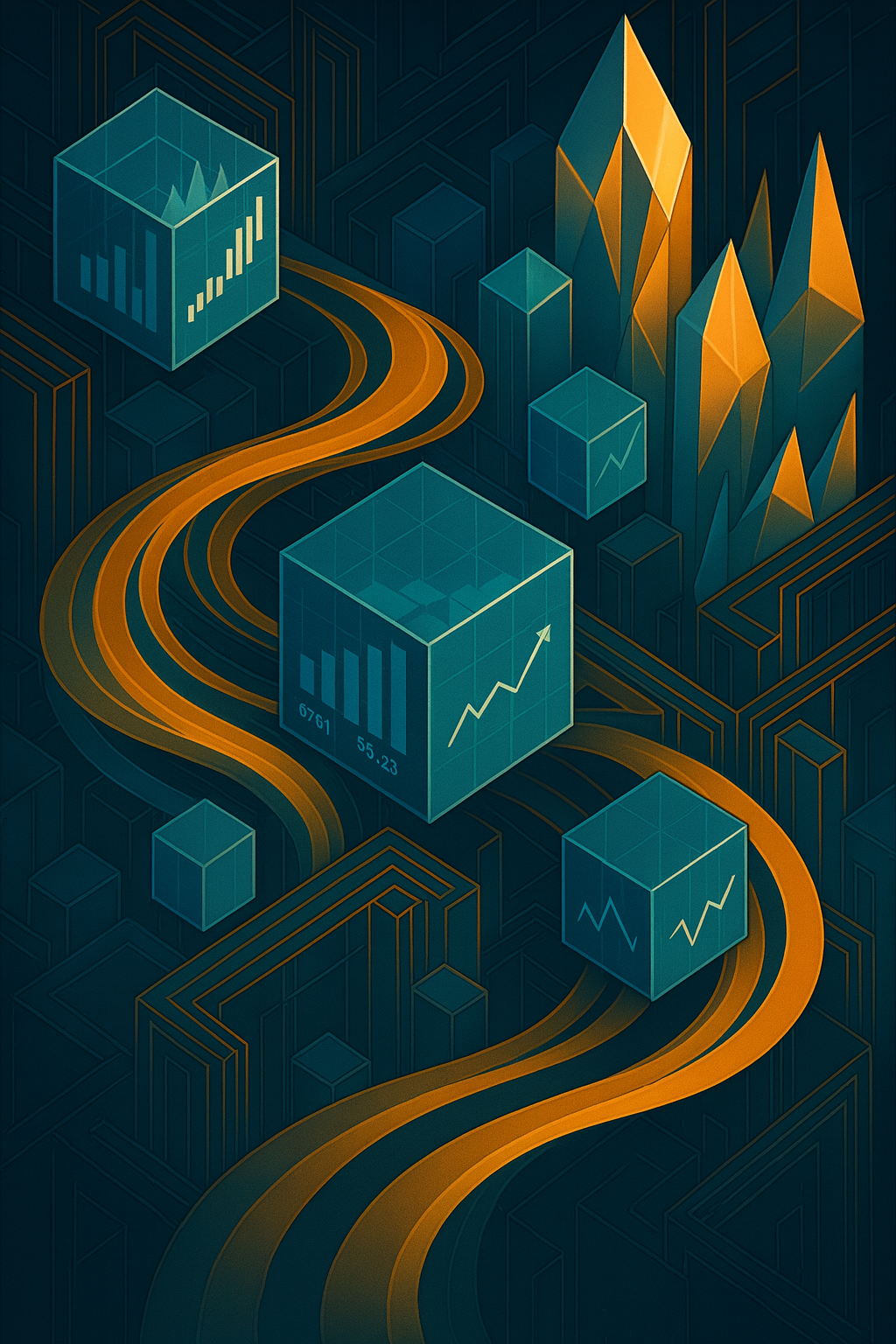 A futuristic isometric illustration featuring a glowing golden pathway winding through a dark geometric cityscape. Along the path, transparent teal glass cubes display financial graphs and charts. In the background, tall angular golden crystal-like structures rise, creating a sense of innovation, data flow, and financial growth.
