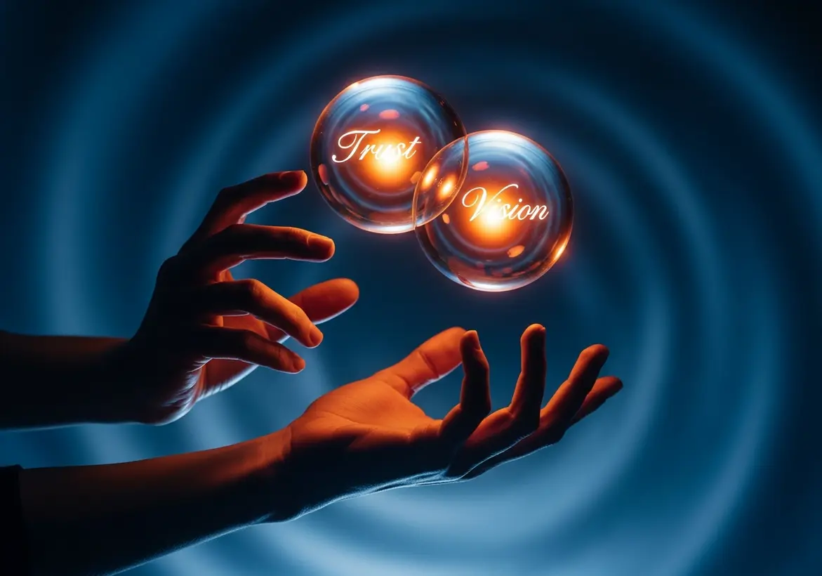 Two glowing spheres labeled "Trust" and "Vision" floating between two hands, illustrating the balance between visionary leadership and financial credibility.