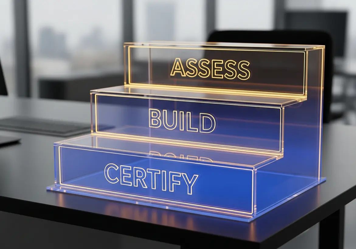 A transparent, blue-lit three-tiered trophy or display stand on a desk, with the words "ASSESS," "BUILD," and "CERTIFY" glowing in gold on each step, representing the stages of AI governance implementation.