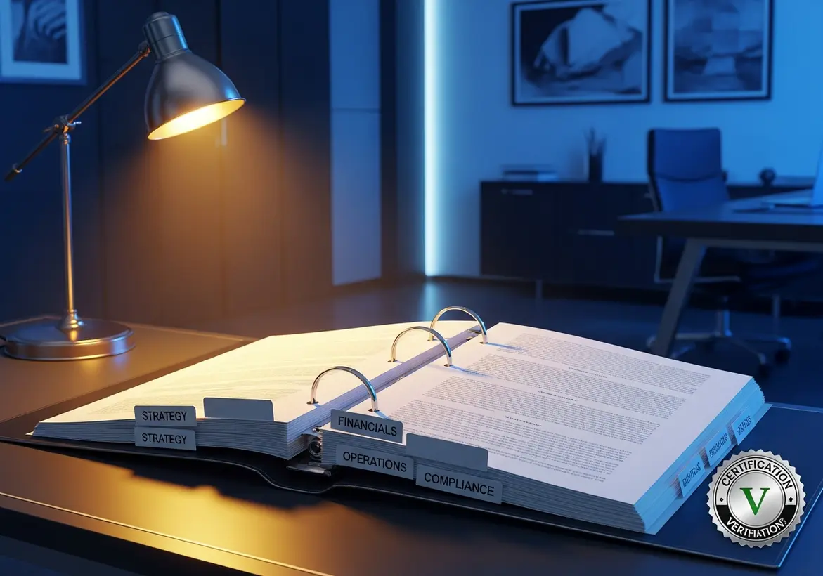 An open professional binder on a desk illuminated by a desk lamp, featuring organized tabs for "STRATEGY," "FINANCIALS," "OPERATIONS," and "COMPLIANCE," with a "Certification Verification" seal in the corner.