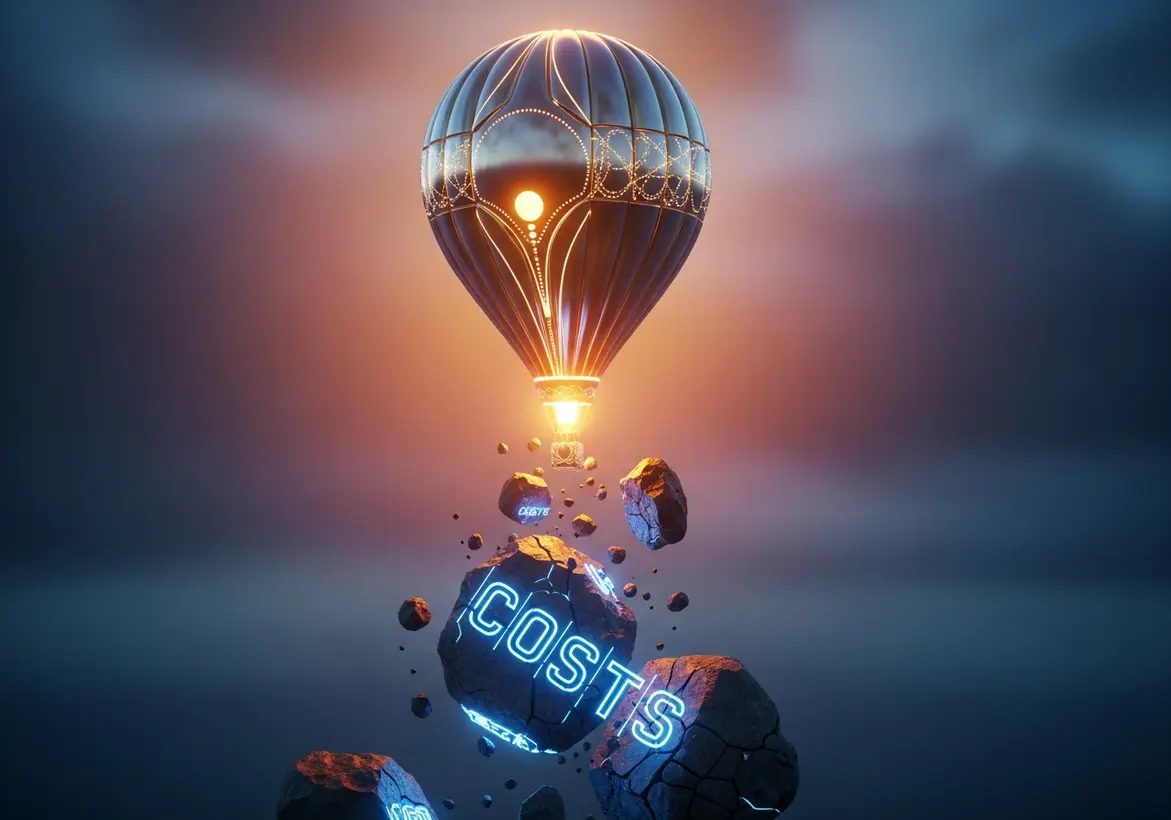 A vintage hot air balloon floating above a dark landscape, with a large rock floating below it that has the word "COSTS" glowing in blue neon letters.