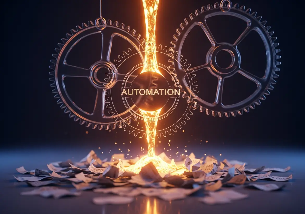 Two floating, translucent glass gears suspended in mid-air, connected by a vertical beam of bright orange, liquid light that spells out "AUTOMATION" in a glowing font.