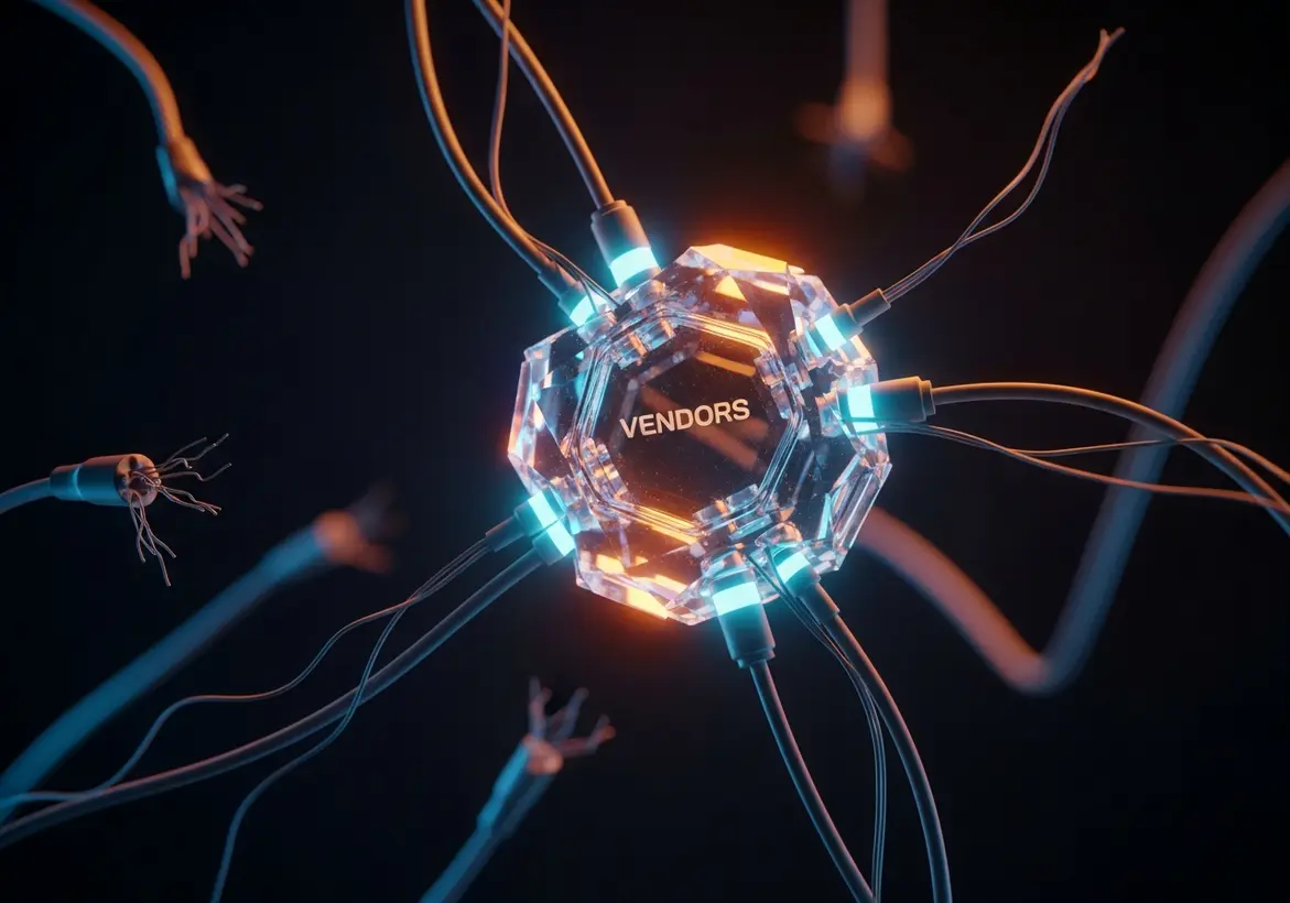 A hexagonal, crystal prism floating against a dark background, connected to several trailing cables by glowing blue connectors, with the word "VENDORS" etched in the center.