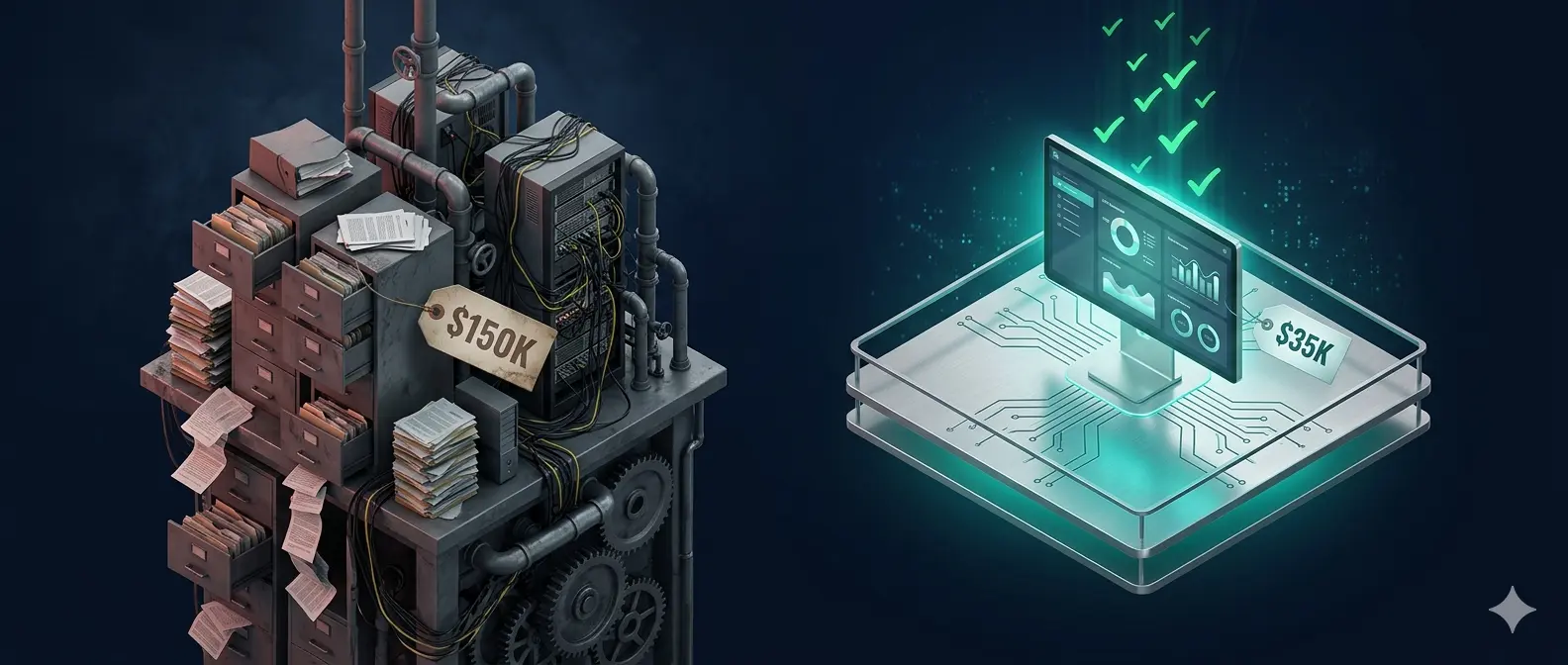 A split-screen comparison showing a messy pile of old filing cabinets labeled $150k versus a sleek, automated digital compliance dashboard labeled $35k.