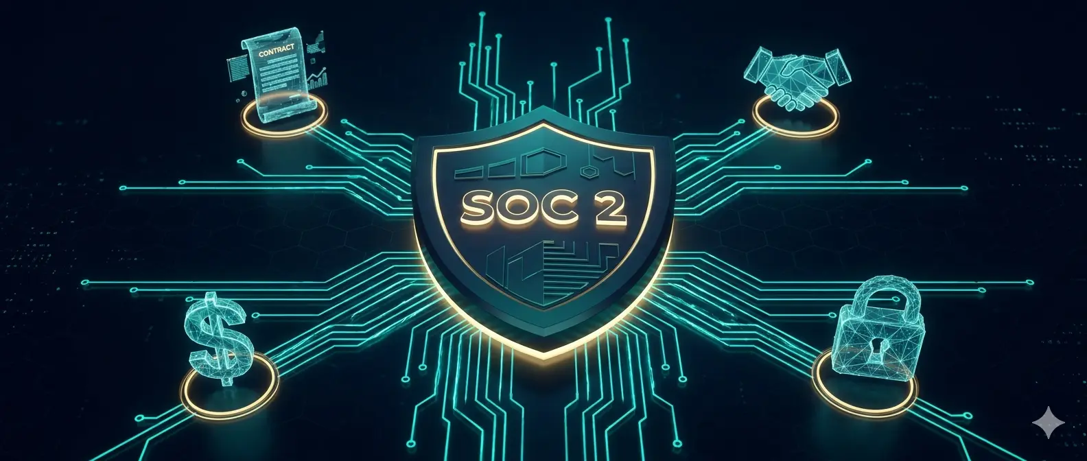 A digital 3D shield labeled SOC 2 surrounded by circuit board lines connecting to icons for contracts, dollar signs, locks, and handshakes, representing integrated security compliance.