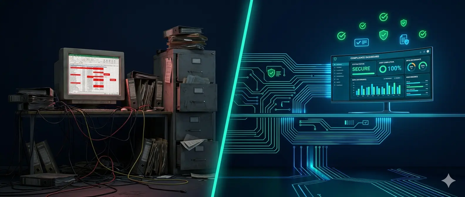 Visual contrast between a cluttered office with paper files and a tangled web of wires versus a glowing, high-tech compliance dashboard showing 100% audit completion.Visual contrast between a cluttered office with paper files and a tangled web of wires versus a glowing, high-tech compliance dashboard showing 100% audit completion.