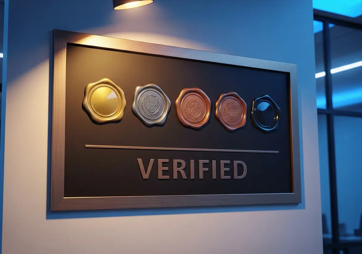 A sleek wall-mounted black plaque with a silver frame featuring five different colored wax seals (gold, silver, bronze, copper, and black) above the word "VERIFIED."