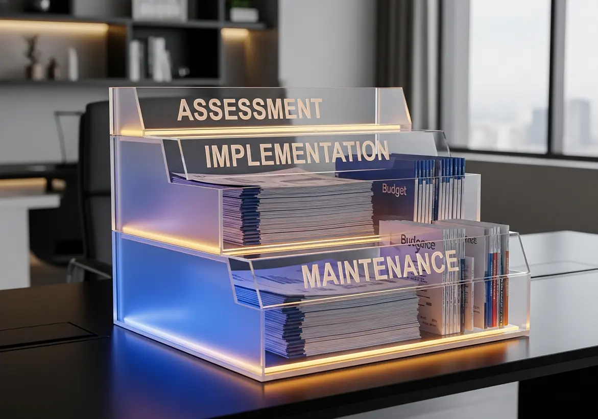 A modern three-tiered clear acrylic document organizer on a desk labeled "ASSESSMENT," "IMPLEMENTATION," and "MAINTENANCE," containing organized files and budget booklets.
