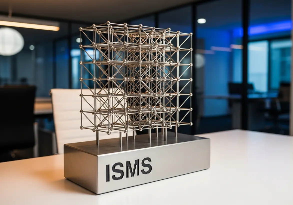 Silver ISMS metallic geometric cube model sitting on a white office desk