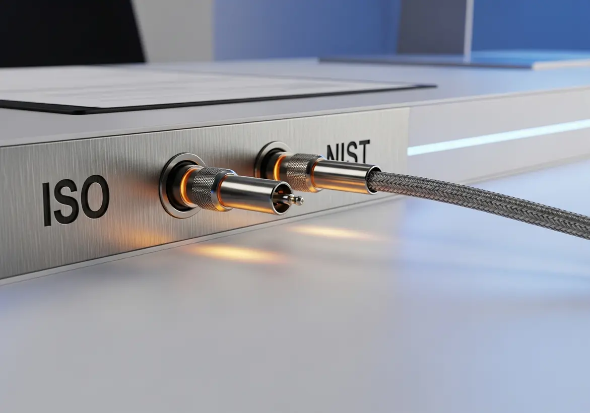 Silver metallic interface board featuring ISO and NIST cable connection ports