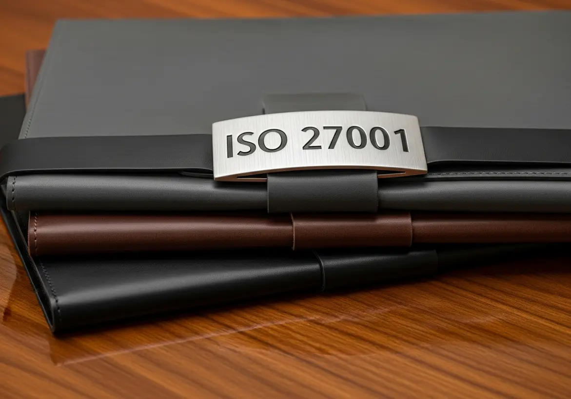Black leather binders stacked together with an ISO 27001 metal clasp