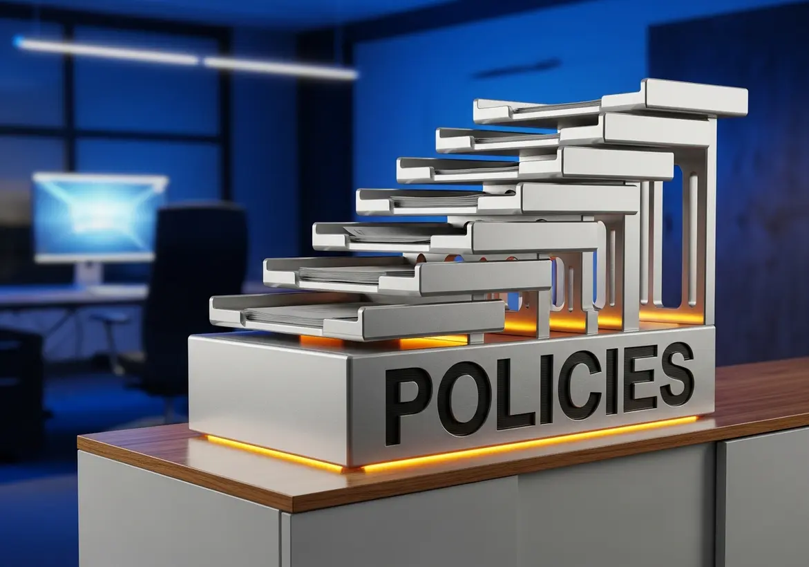 A stylized silver desk organizer labeled "POLICIES" with stacked document trays arranged like ascending steps on a wooden counter.