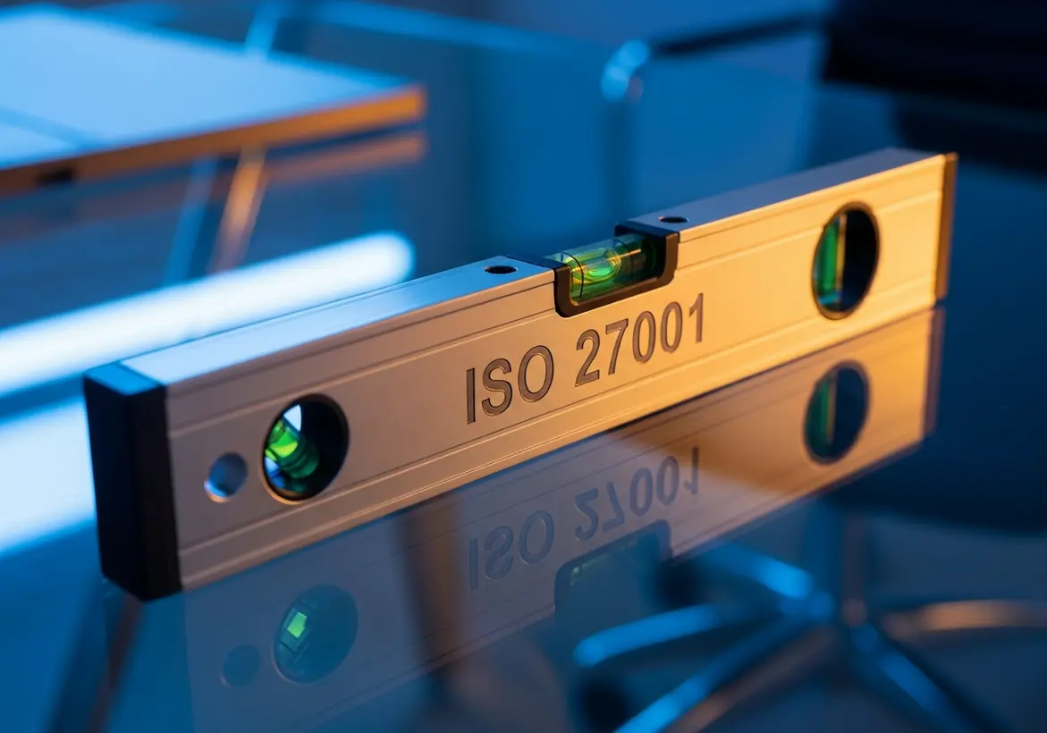 A metallic spirit level with "ISO 27001" engraved on the side, resting on a reflective glass table in a modern office setup.