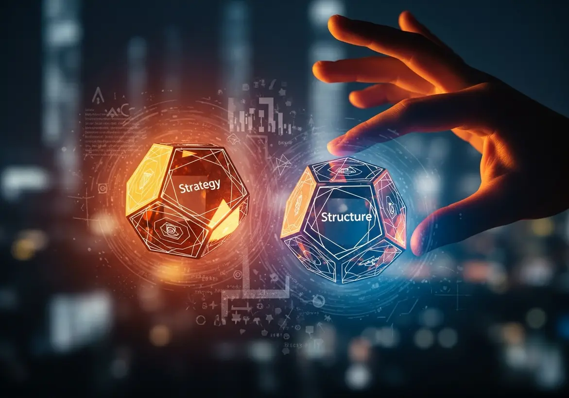 A hand reaching toward two glowing, geometric digital polyhedrons labeled "Strategy" and "Structure" against a blurred city skyline, illustrating the balance of financial foundations.