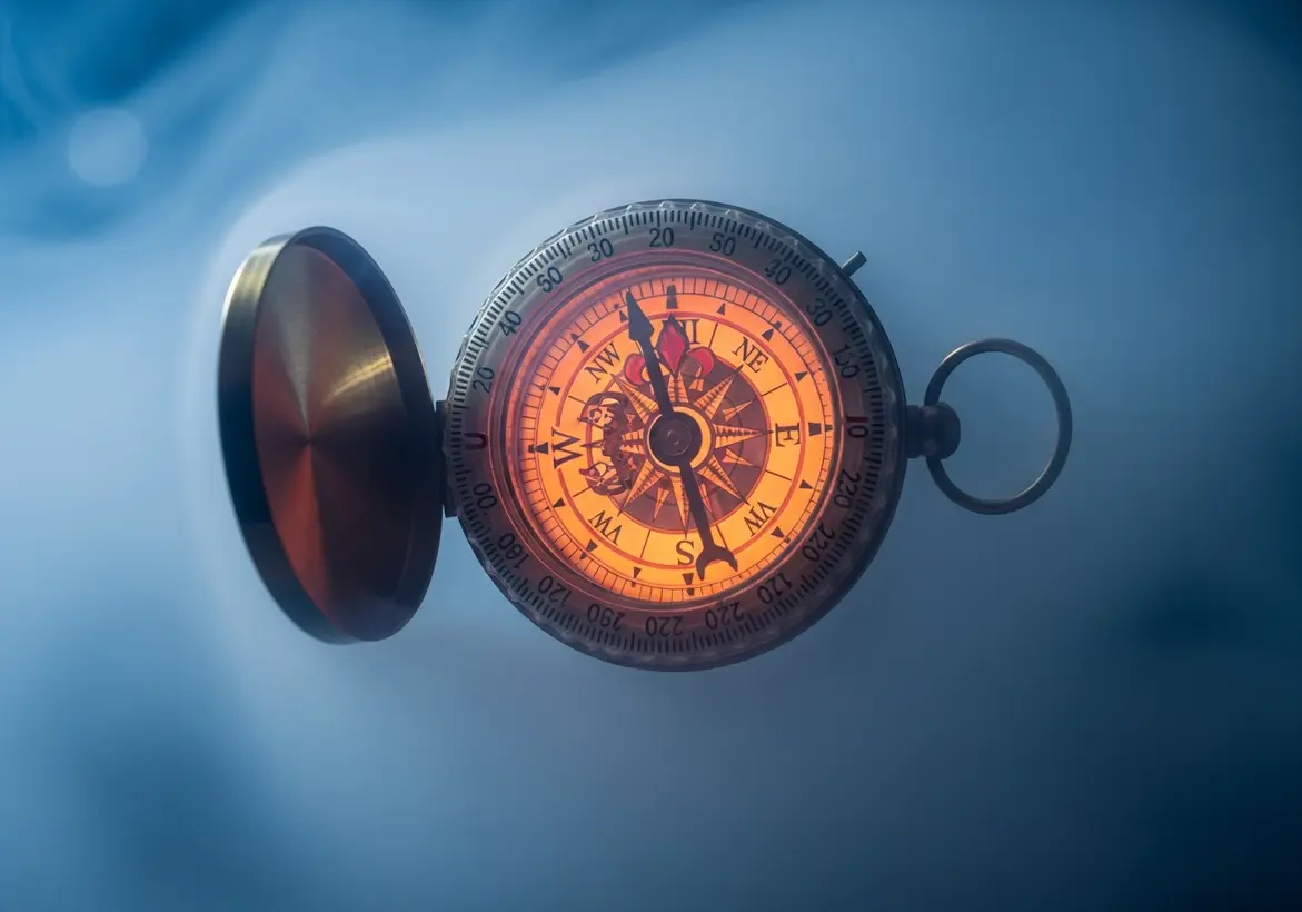 A vintage brass pocket compass glowing with a warm orange light against a soft blue background, representing strategic financial direction and navigation for startups.