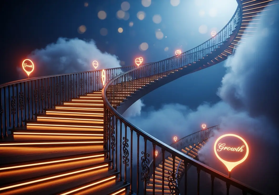A surreal, glowing spiral staircase ascending into a dark blue sky filled with clouds and "Growth" icons, symbolizing a structured and illuminated path to business success.