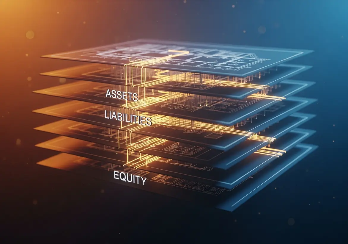 A 3D architectural blueprint visualization showing glowing layers labeled "Assets," "Liabilities," and "Equity," representing the foundational structure of a startup's chart of accounts.