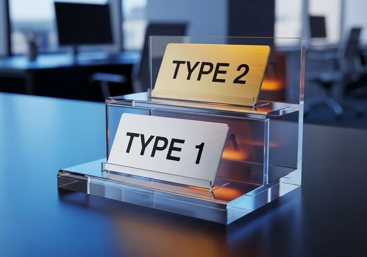 Two plaques labeled "TYPE 1" and "TYPE 2" displayed on a tiered glass stand on a desk, representing the progression of SOC 2 audit certifications.