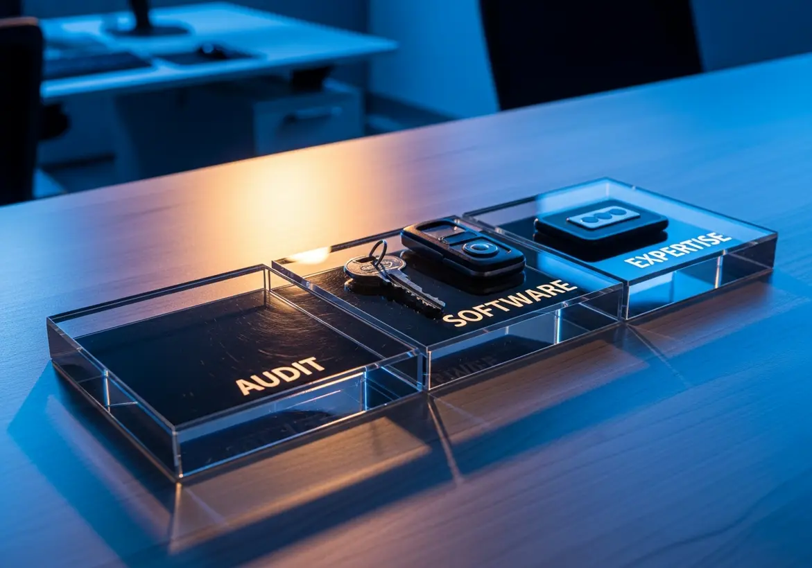 Three transparent acrylic blocks on a wooden desk labeled "AUDIT," "SOFTWARE," and "EXPERTISE," with physical car keys and a fob resting on the software and expertise blocks.