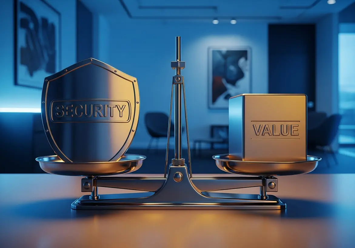 A classic metal balance scale sitting on a desk, perfectly leveling a silver shield labeled "SECURITY" on one side and a silver cube labeled "VALUE" on the other.