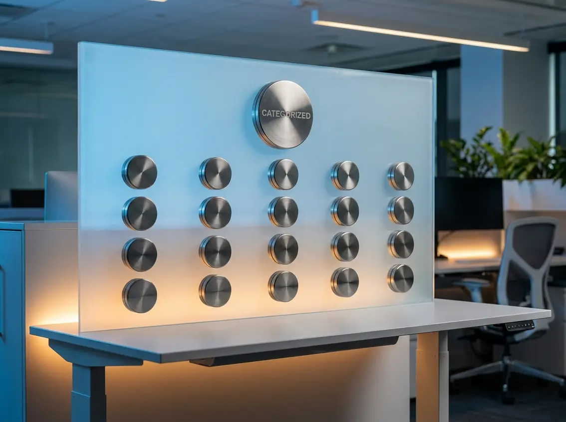 Modern translucent desk partition featuring circular metallic discs organized in grid rows with the word CATEGORIZED displayed at the top