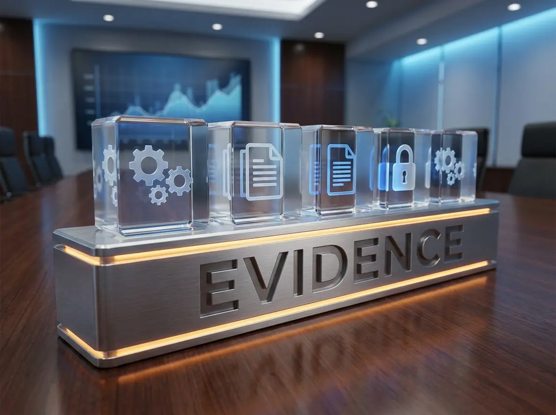 Decorative glass blocks with gear, document, and lock icons resting on a metallic base engraved with the word EVIDENCE in a corporate conference room setting.