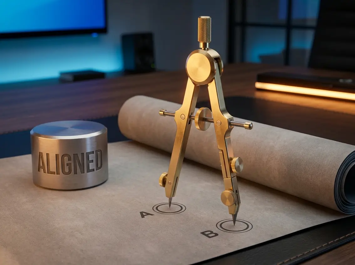 Brass drafting compass measuring points A and B on a paper roll next to a metal cylinder engraved with "ALIGNED"