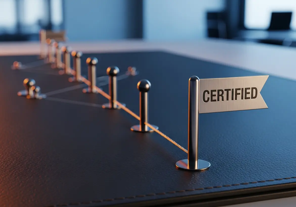 Line of silver boundary posts connected by cable on a dark surface leading to a metal flag etched with CERTIFIED illustrating a clear compliance roadmap.