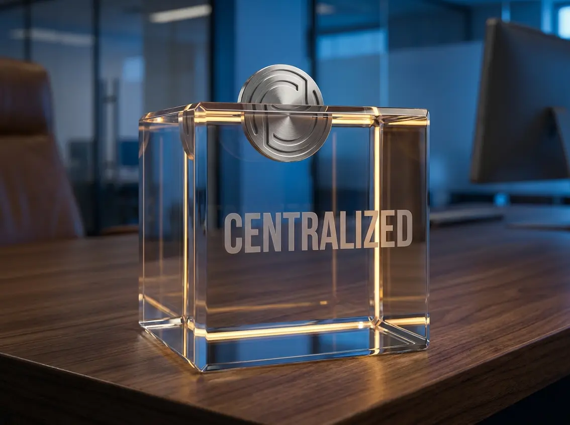Clear glass cube on a wooden desk displaying the etched word CENTRALIZED with warm illuminated edges and a metallic top emblem.