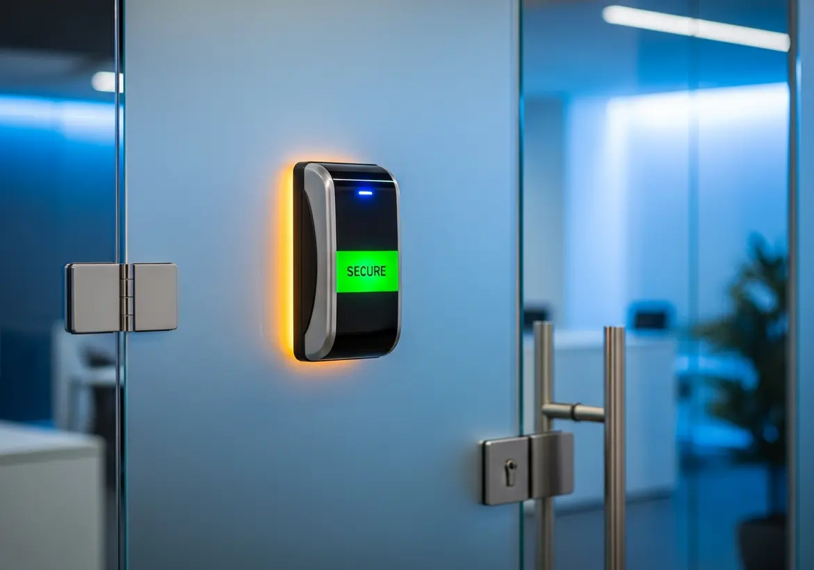 A modern electronic security badge reader mounted on a glass office door, displaying a glowing green "SECURE" status indicator.