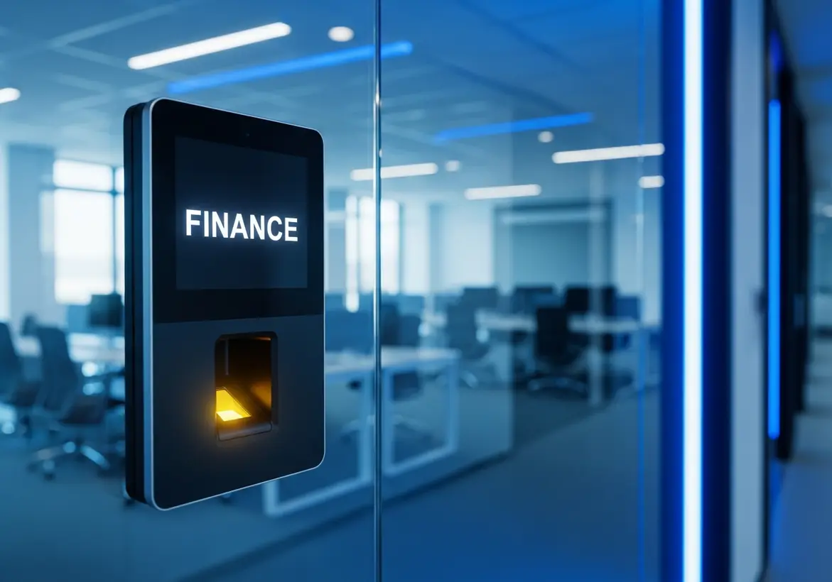 A digital biometric fingerprint scanner access panel displaying the word "FINANCE" on a glass wall outside a modern corporate office.