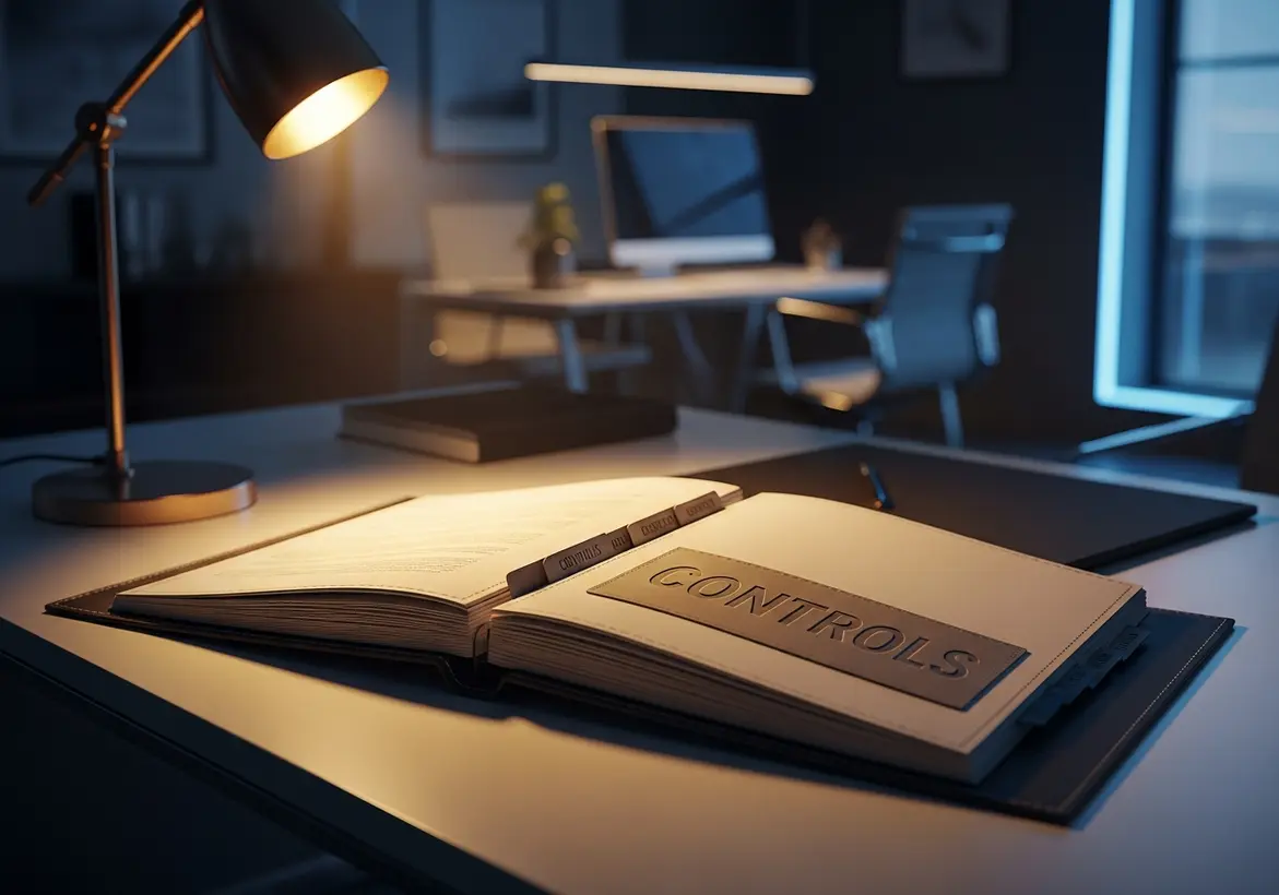 An open physical binder labeled "CONTROLS" sitting on an office desk under a warm lamp, symbolizing documented security protocols and audit readiness.