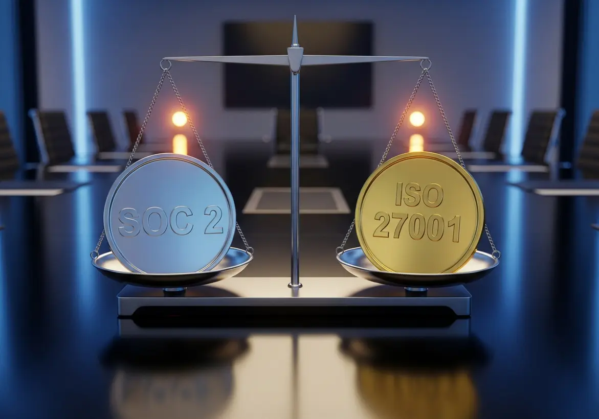 A balanced scale holding two large coins; a silver coin labeled "SOC 2" and a gold coin labeled "ISO 27001," representing the comparison and balance between the two security frameworks.