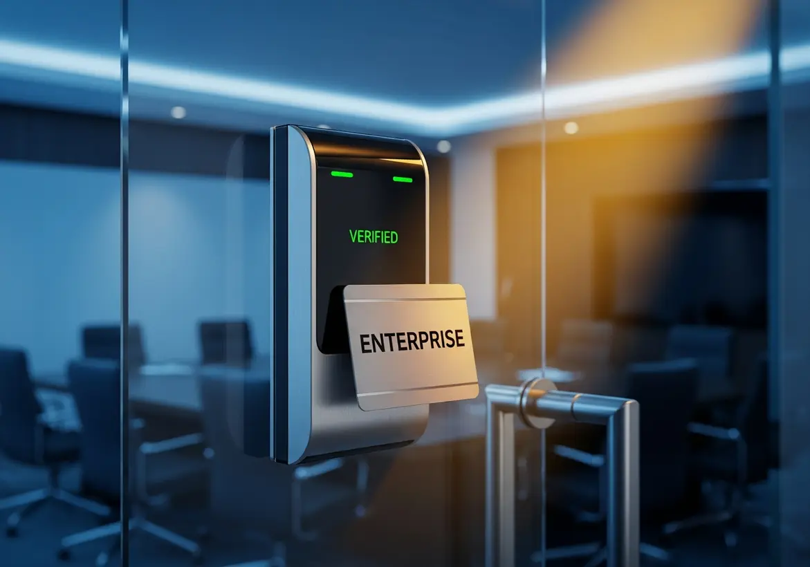 A digital security card labeled "ENTERPRISE" being scanned at a modern office door reader displaying a green "VERIFIED" status, symbolizing enterprise market access.
