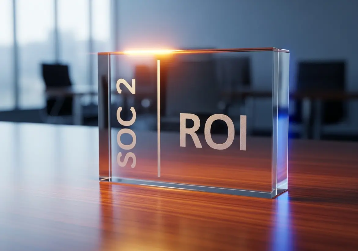 A clear glass trophy or block sitting on a boardroom table with "SOC 2" on the left and "ROI" on the right, separated by a vertical line, illustrating the financial return on compliance.