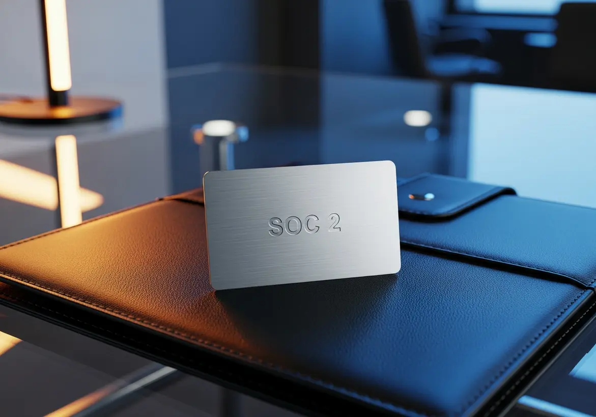 A sleek, brushed metal card engraved with "SOC 2" resting on a black leather portfolio in a modern, professional office setting.