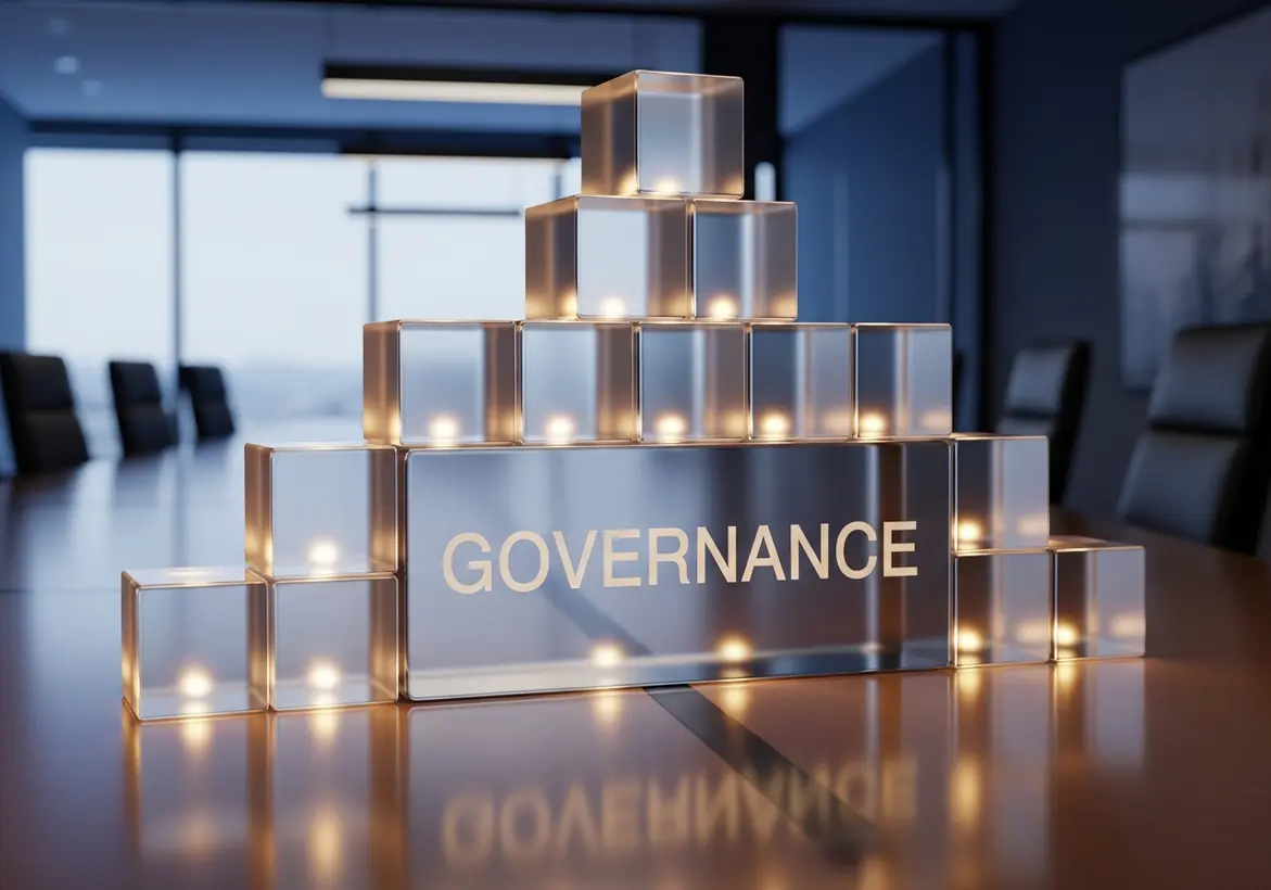 A glass pyramid of glowing cubes on a boardroom table, with the central block prominently labeled "GOVERNANCE" in a clean, modern font.