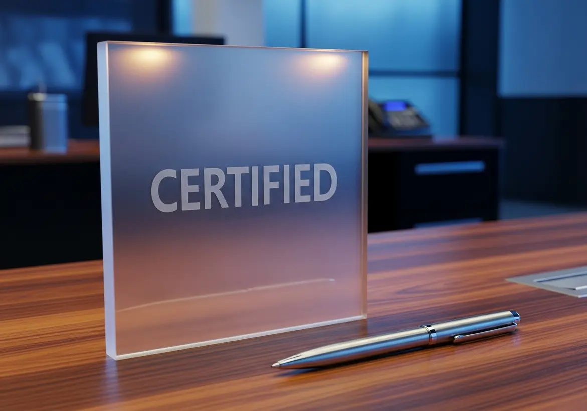 A frosted glass plaque with the word "CERTIFIED" etched on it, sitting on a wooden office desk next to a silver pen, representing professional security accreditation.