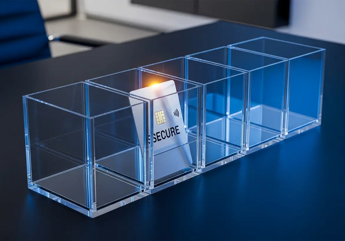 A row of five transparent glass boxes on a dark desk, with one box containing a glowing silver card labeled "SECURE," symbolizing the five SOC 2 Trust Service Principles.