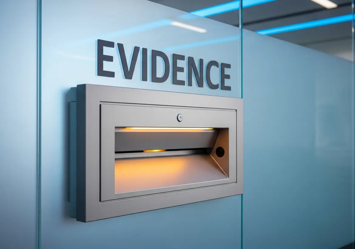 A sleek, secure metal wall drop box or collection slot integrated into a modern glass office partition wall, with the word "EVIDENCE" clearly written in black text above it.