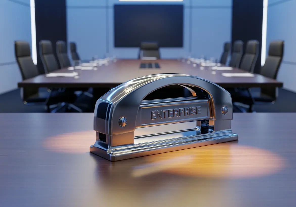A heavy chrome desk stamp featuring the word "ENTERPRISE" sitting on a polished wooden boardroom table, with a blurred conference room background showing leather chairs and a screen.