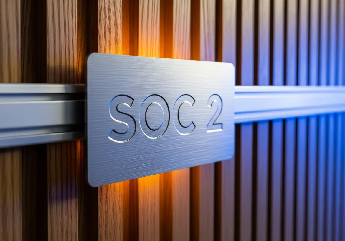 A brushed metal sign with "SOC 2" engraved on it, mounted on a modern wooden slatted wall background with warm backlight accents.