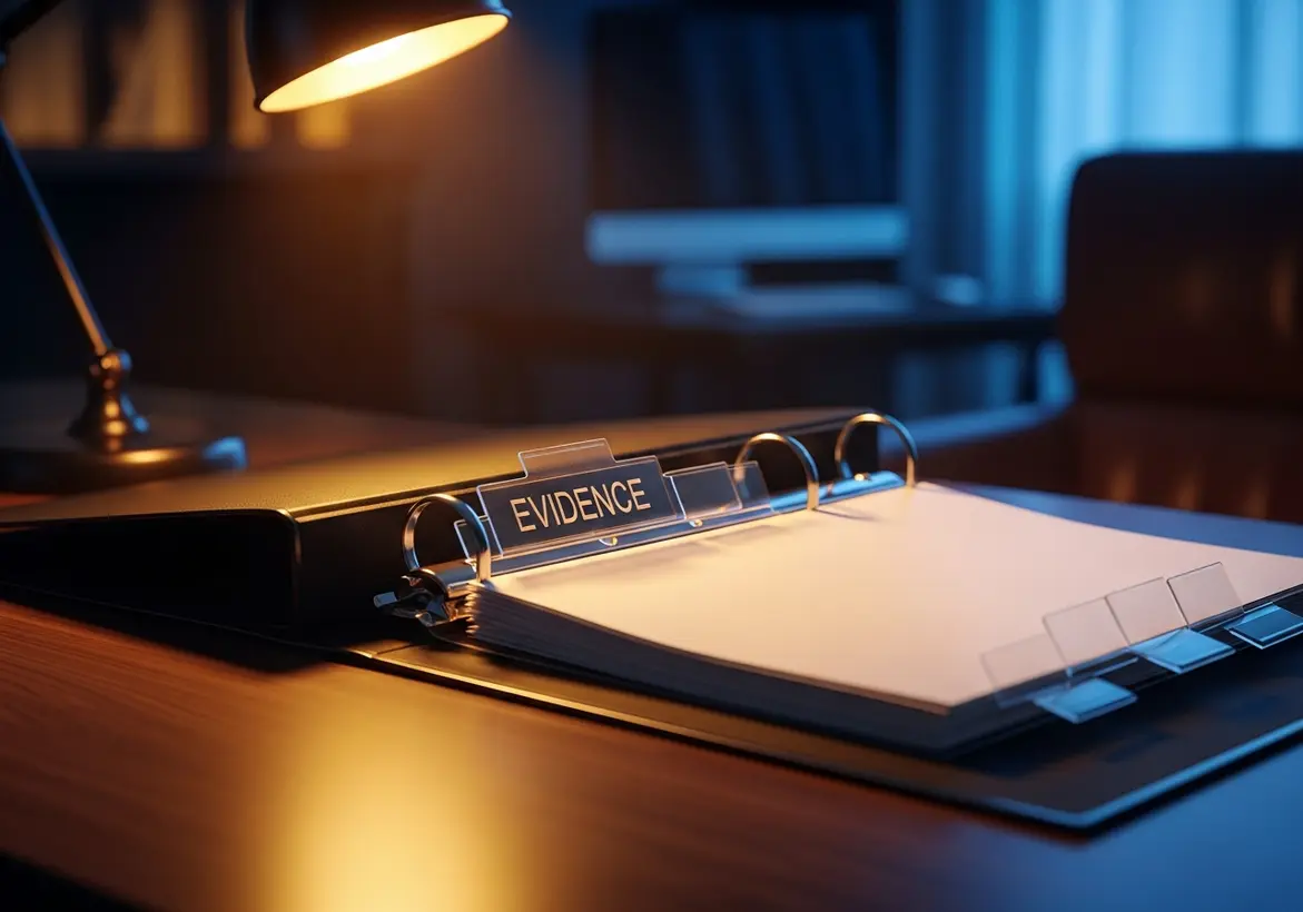 A close-up of an open binder with a tab labeled "EVIDENCE" on a desk under a warm lamp, representing continuous compliance documentation.
