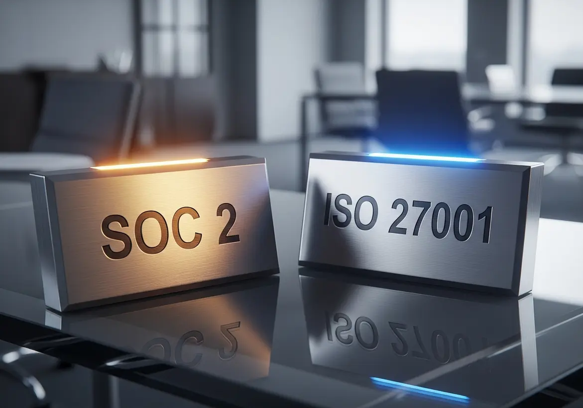Two illuminated metallic signs side-by-side on a conference table displaying "SOC 2" and "ISO 27001," highlighting the choice between major security frameworks.