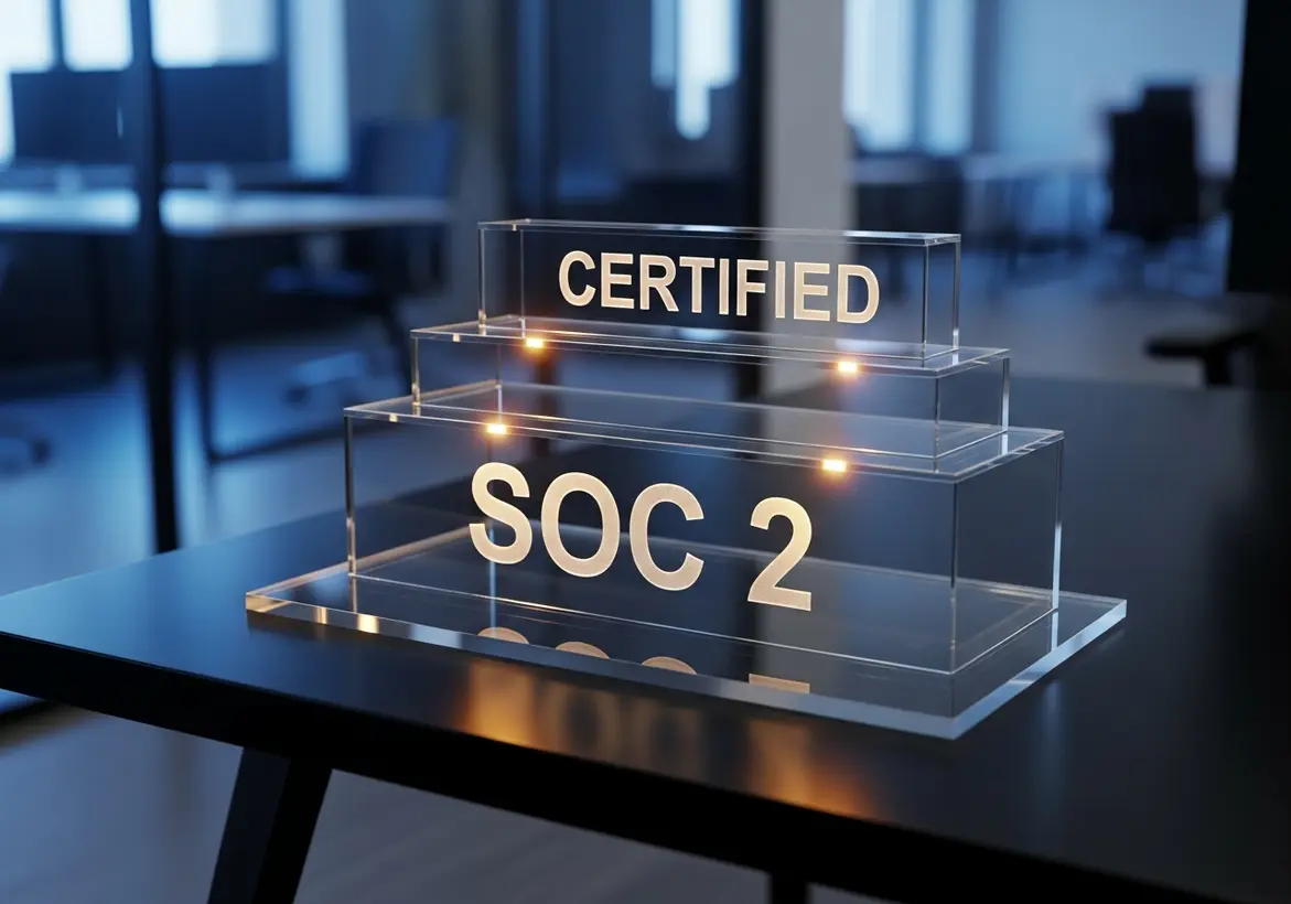 A professional "SOC 2 Certified" glass trophy displayed on a modern office desk, symbolizing successful security compliance.