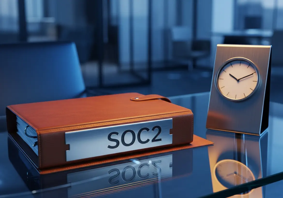 A professional brown leather SOC 2 binder sits on a glass desk next to a modern silver desk clock, reflecting the clean lines of a corporate office in the background.