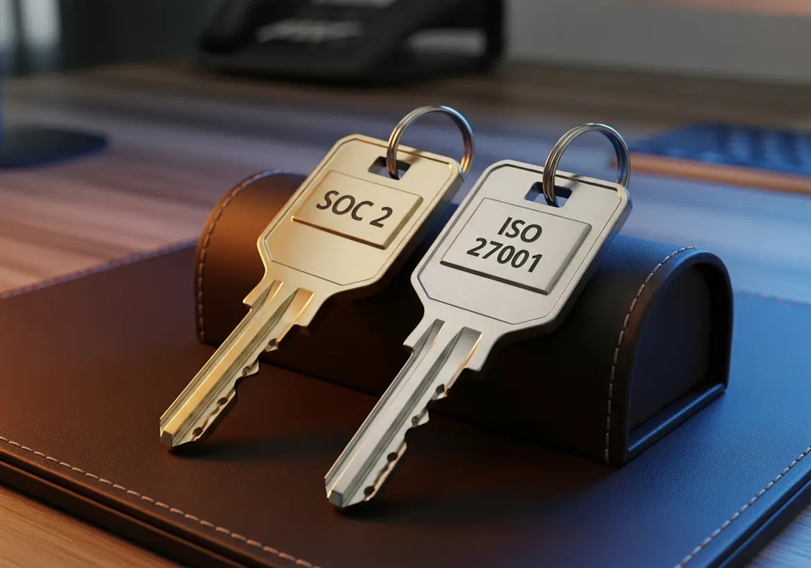 Two metallic keys on a luxury leather desk organizer pad; one gold key engraved with "SOC 2" and one silver key engraved with "ISO 27001", symbolizing the essential access credentials required for secure corporate compliance.