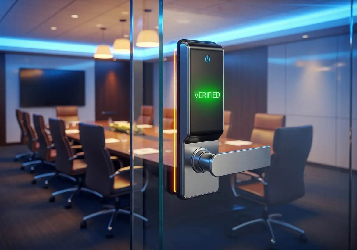 A premium clear acrylic desktop display sign deeply engraved with the bold text "SOC 2" resting beside a sleek silver pen on a dark executive boardroom table, representing cybersecurity data compliance standards.