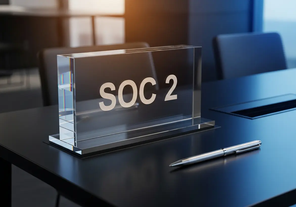 A premium clear acrylic desktop display sign deeply engraved with the bold text "SOC 2" resting beside a sleek silver pen on a dark executive boardroom table, representing cybersecurity data compliance standards.